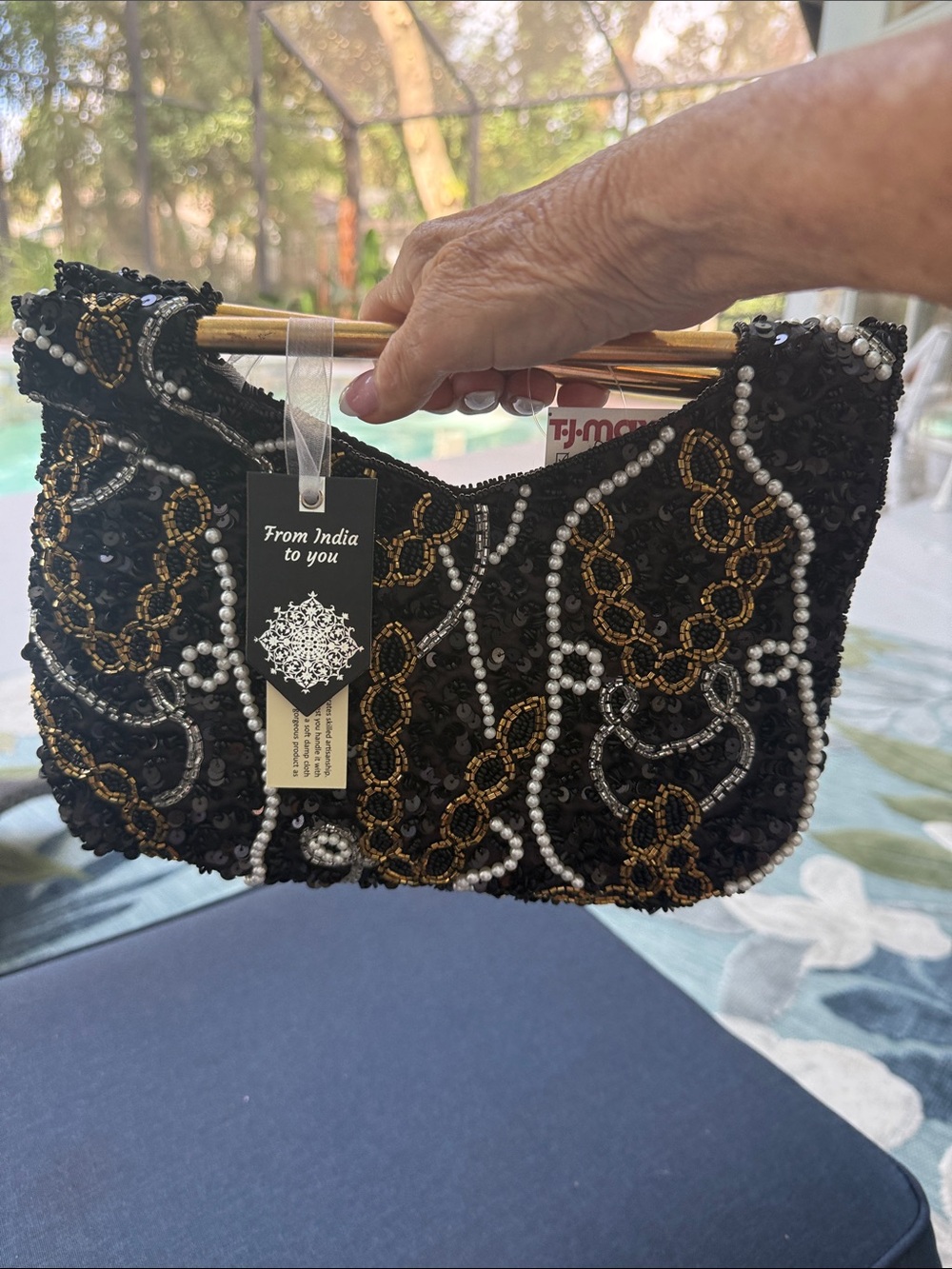 Beaded Black Evening Wristlet Clutch with Gold & Silver Accents
